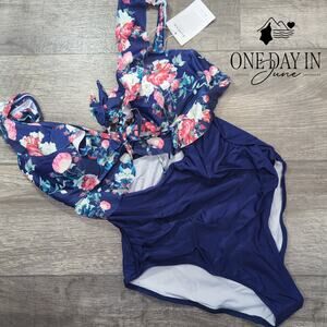 Eomenie Ruffle Shoulder Tie Back Cutout One Piece Swimsuit Size M